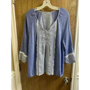 Ivanka Trump Peasant Blue Striped Blouse 3/4 Sleeve V Neck Buttons/Tassels M/L